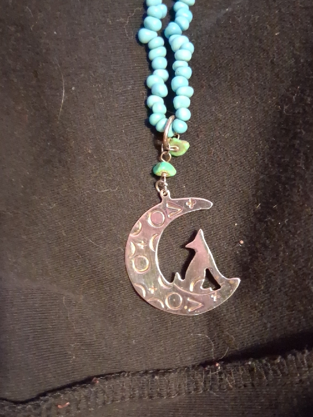 Navajo Sterling Silver Moon Wolf Pendant Necklace with Turquoise Beads